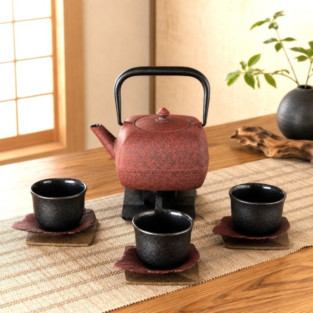 WAZUQU Red Cast Iron Japanese Tea‎ Set Tetsubin Teapot Cups Warmer Japandi